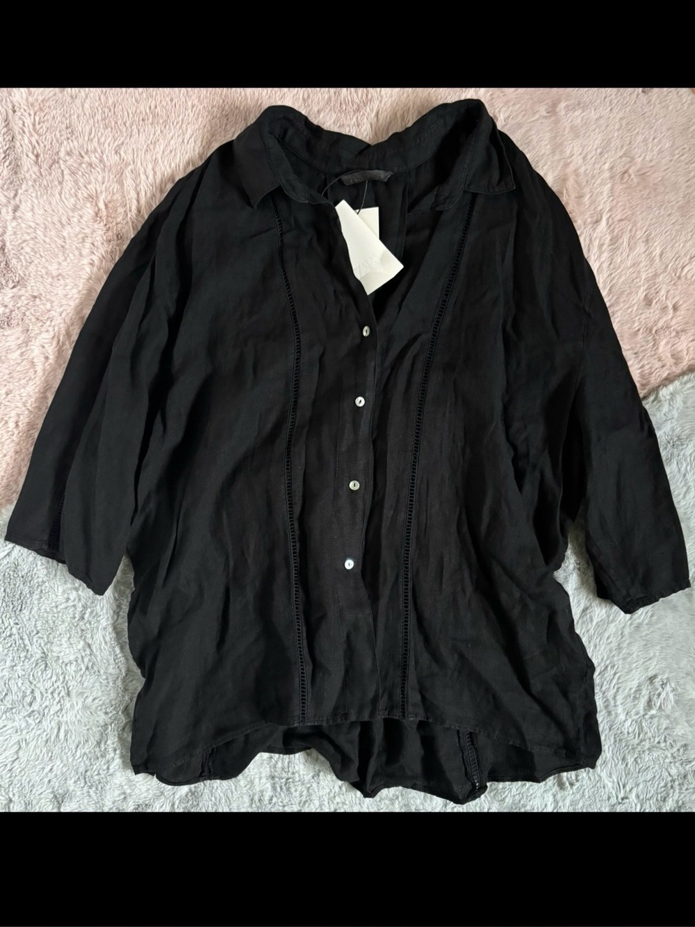 Zara black oversized linen button up short sleeve top